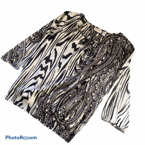 Chicos Banded Blouse top Womens Size 8 Mixed Media Print Zebra Paisley - Picture 8 of 8
